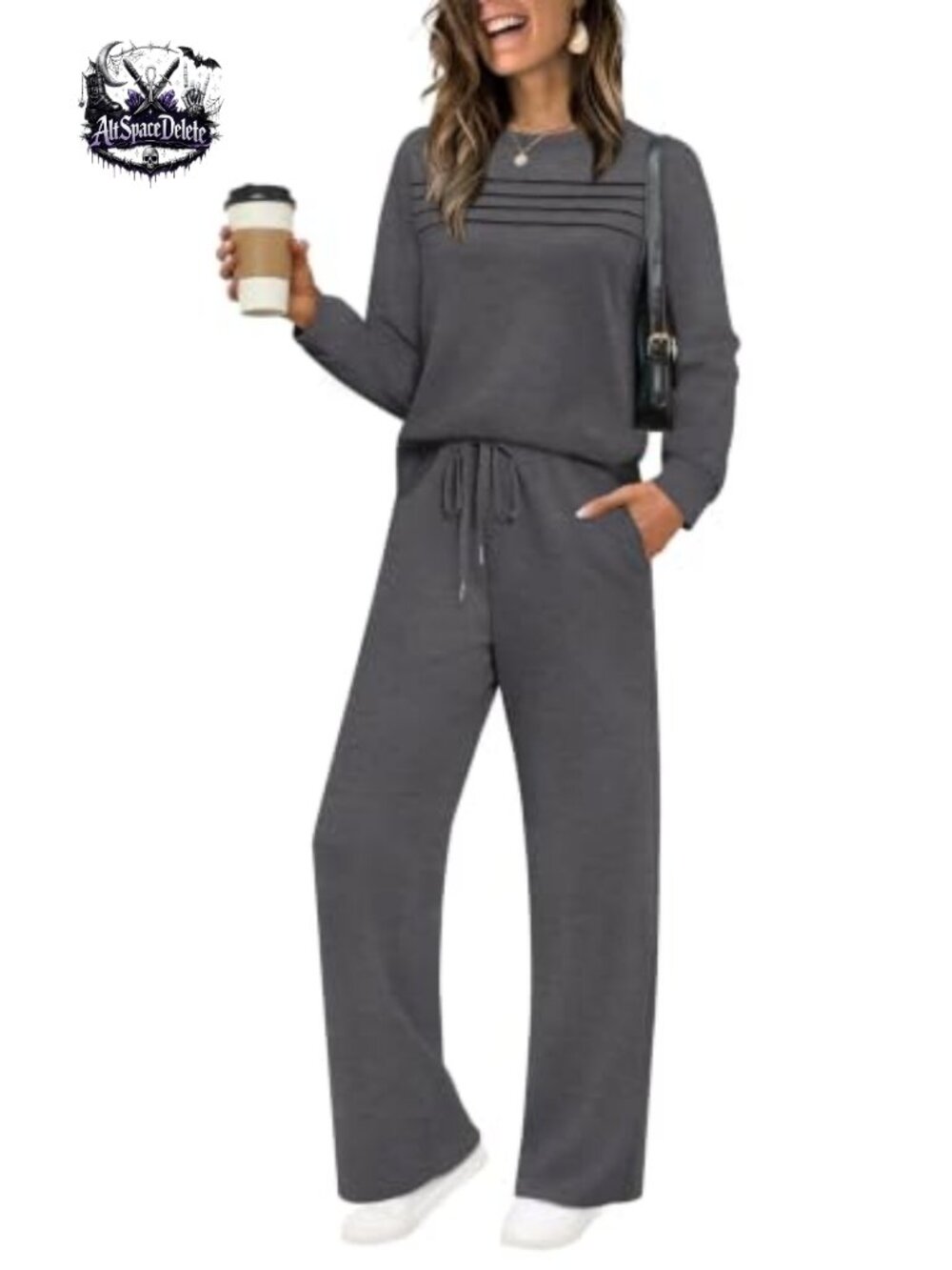 2 Piece Sweatsuit Set Pleated Crewneck Wide Leg Track Pants Lounge Travel
